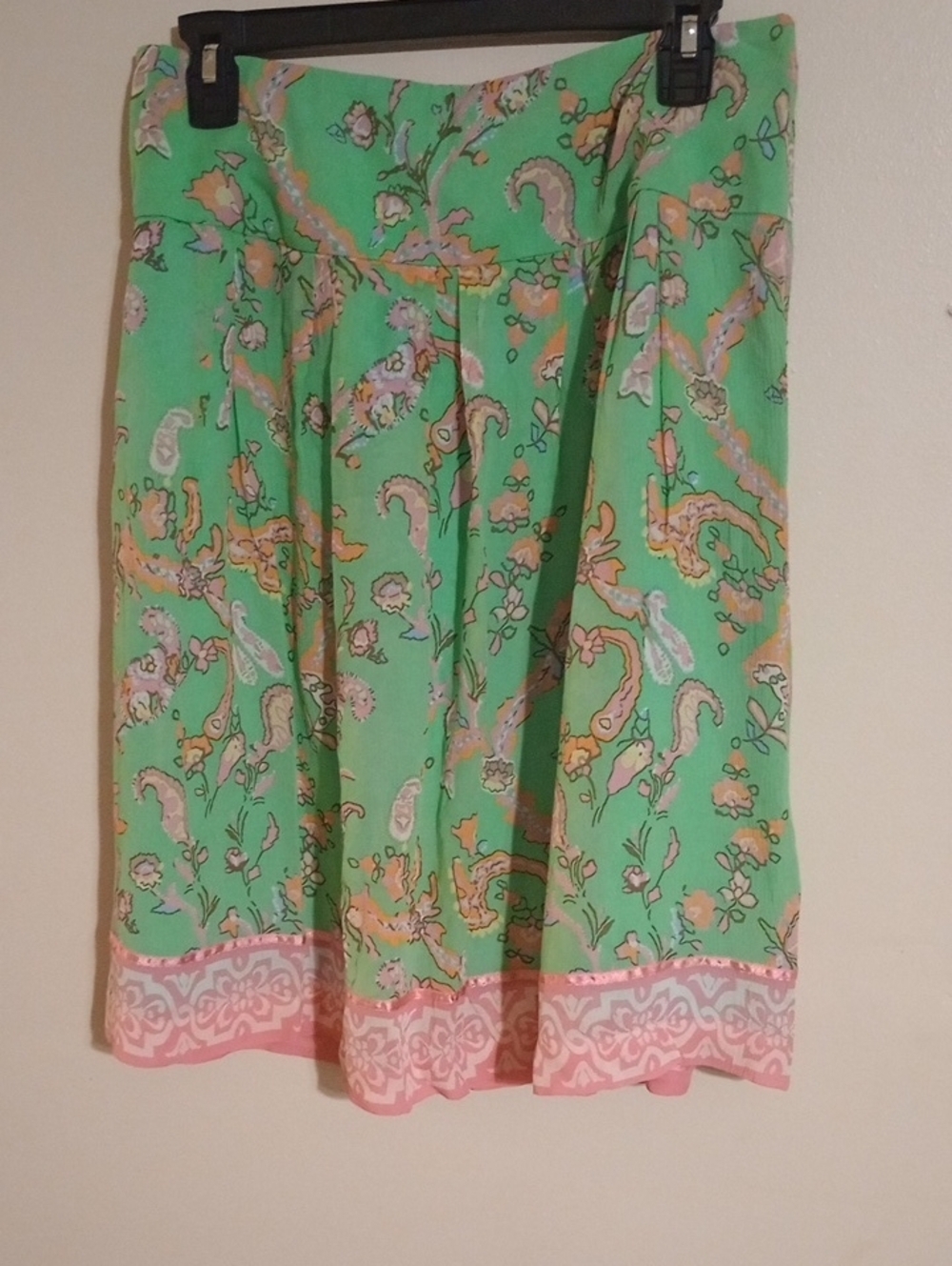 Harold's Green & Pink Paisley Floral Skirt with Pink Border Flowy Feminine